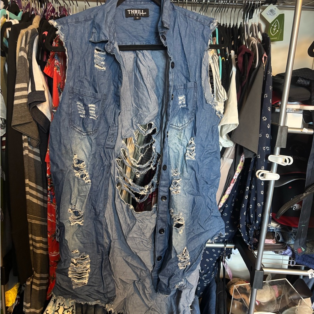 Thrill Blue Distressed Denim Vest